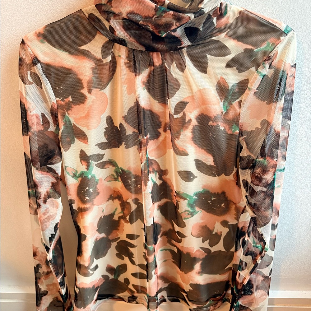 DKNY Floral Mesh Sheer Long Sleeve Mock Neck Top